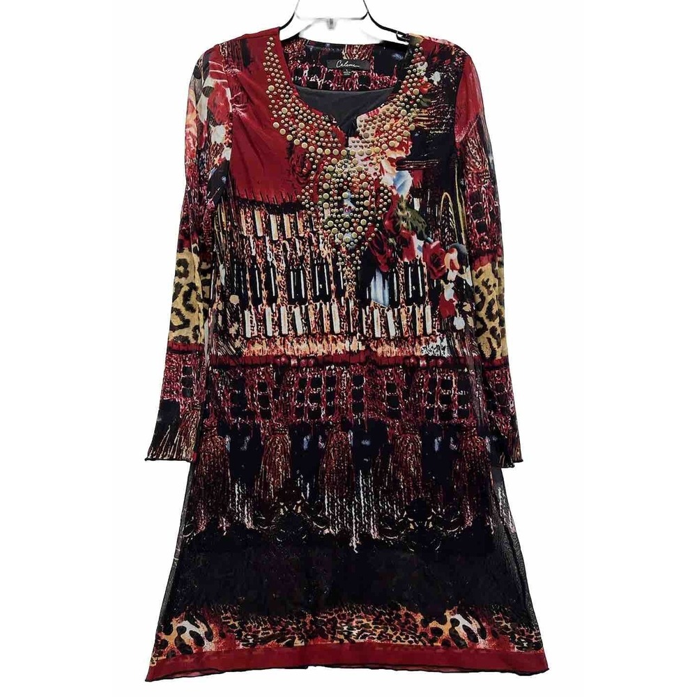 Caleaas Womens Size L Red Long Sleeve Embroidered Maxi Dress (J7)